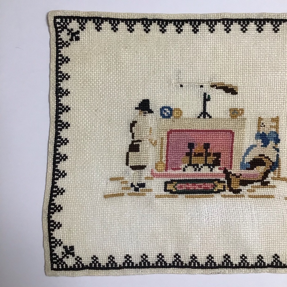 Americana Cross Stitch Sampler Colonial Pilgrim Doily Art Complete 11x12 Vintage - Picture 5 of 16